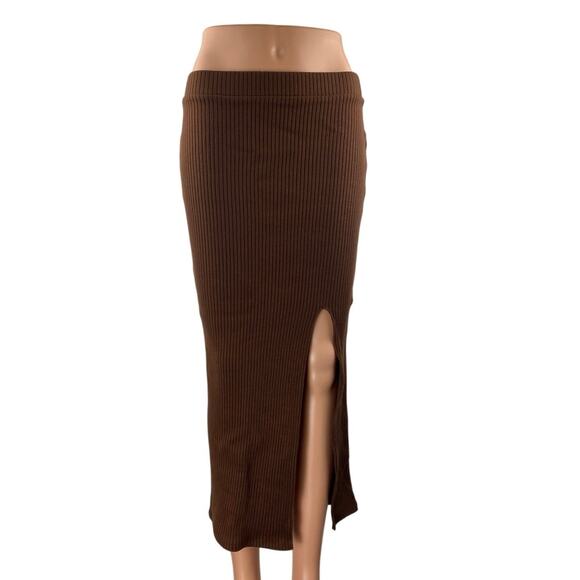 Social Tourist Women's Brown Ribbed High Waist Slit Midi Knit Pencil Skirt Sz S - Picture 1 of 5